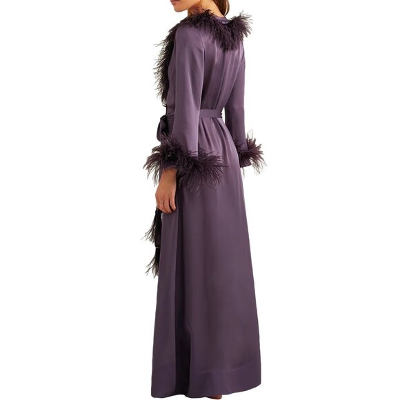 Carine Gilson New Feather Trimmed Silk Satin Robe Purple XL - Picture 3 of 7